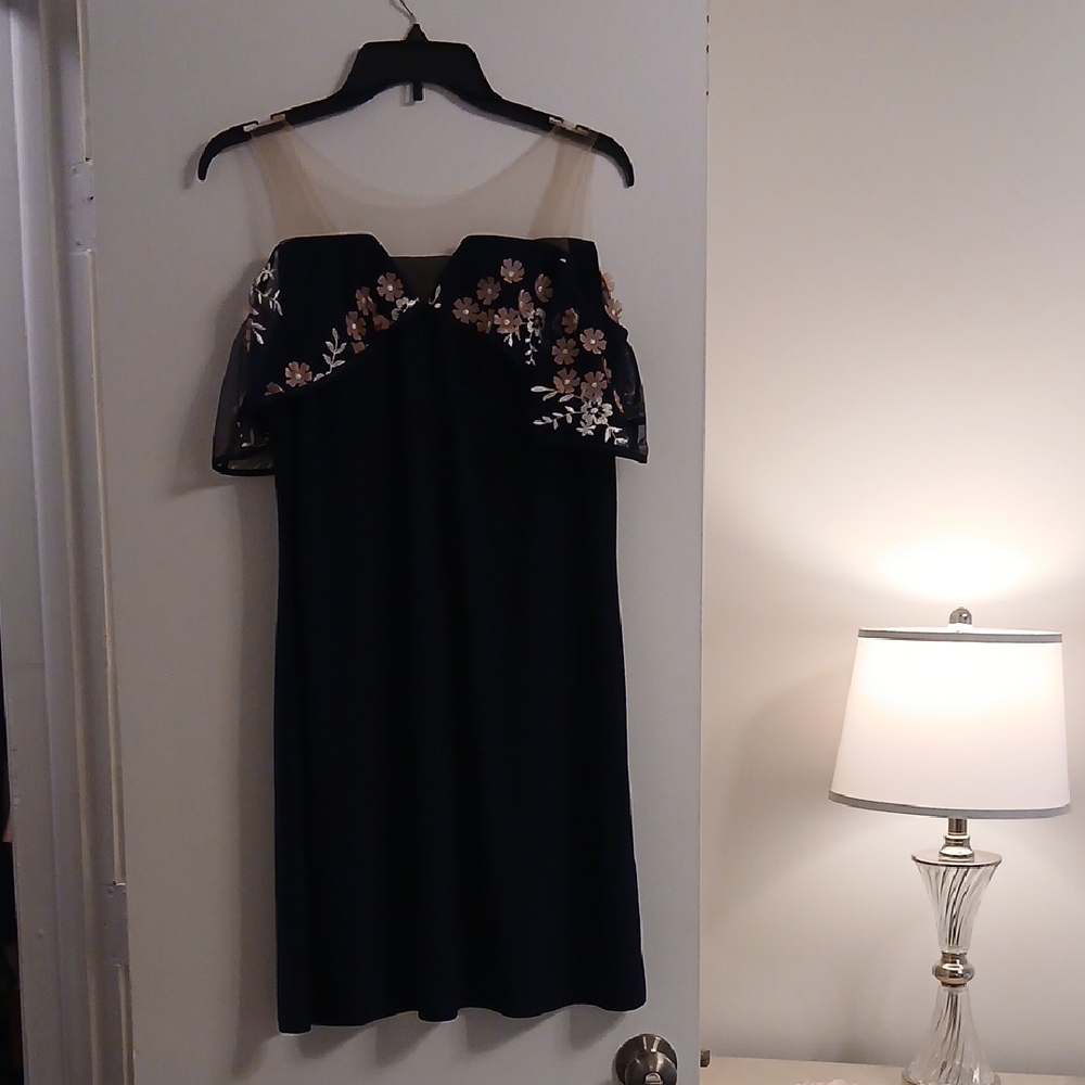 MSK Black Strapless Dress with Floral Embroidery